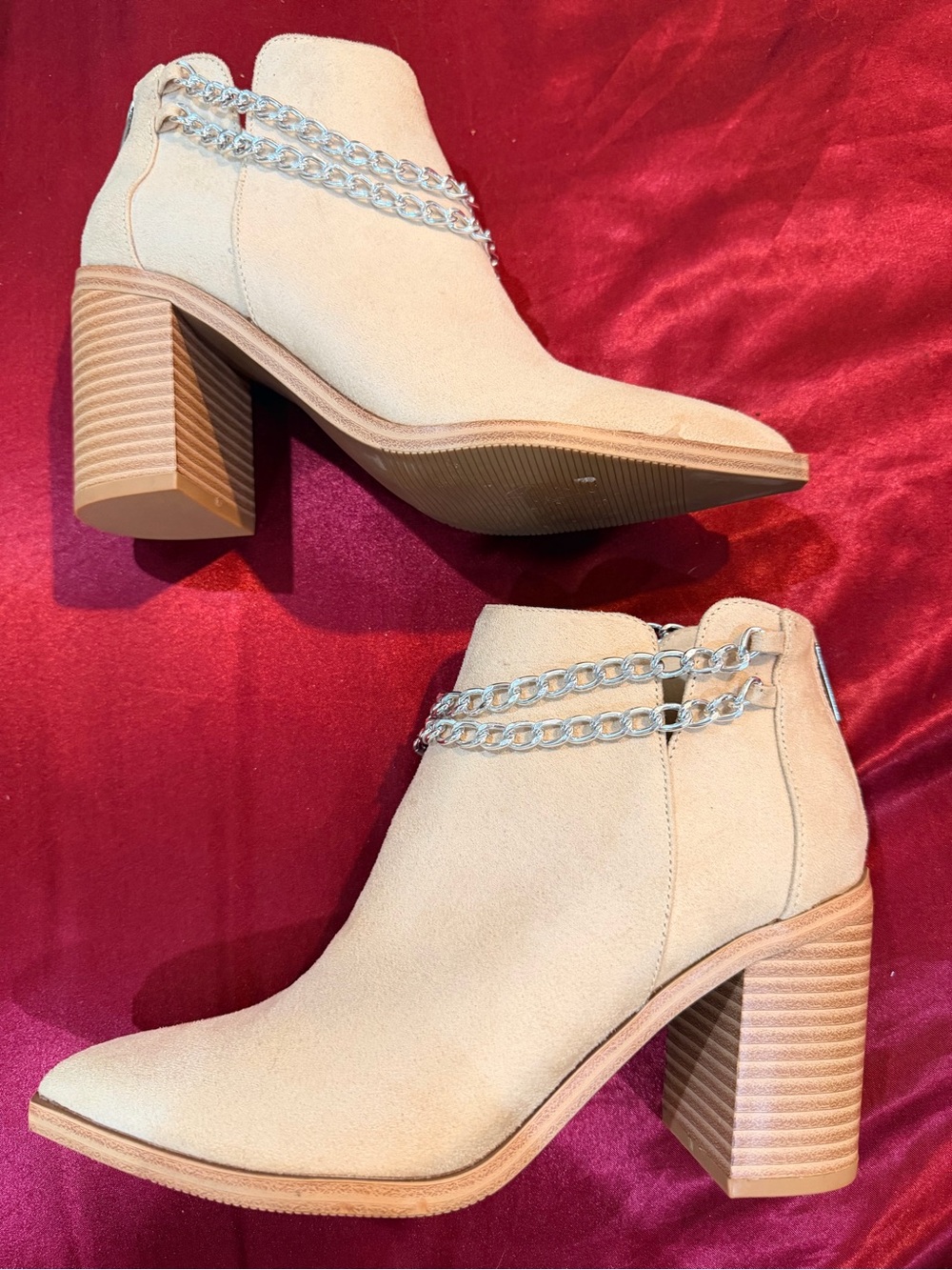 Women's Beige Suede Block Heel Ankle Boots with Chain Detail